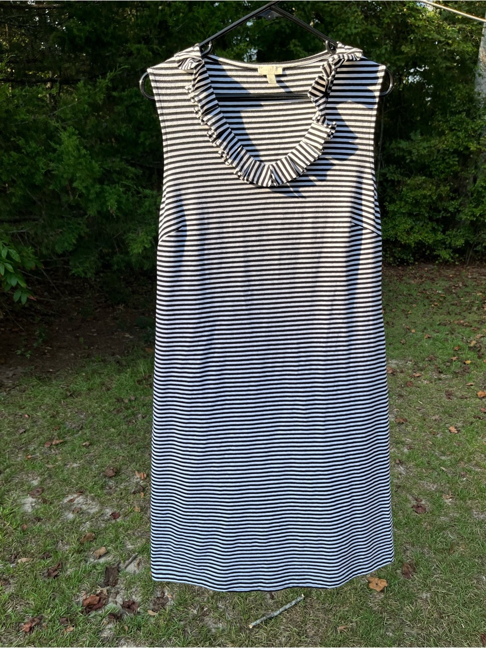 Talbots Black and White Striped Sleeveless Midi Dress with Ruffle Neck